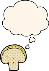 cartoon mushroom slice with thought bubble in comic book style