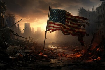 American flag on the background of a destroyed city. 3d render, A lonely waving flag in a...
