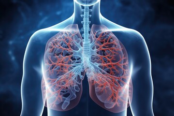 Lungs anatomy in x-ray image on dark blue background, A male lung cancer biopsy respiratory system in x-ray, AI Generated - obrazy, fototapety, plakaty