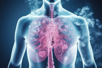 Human body with lungs in x-ray view, 3D rendering, A male lung cancer biopsy respiratory system in x-ray, AI Generated - obrazy, fototapety, plakaty