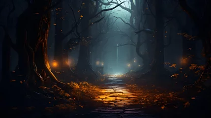 Gordijnen mysterious pathway foothpath in the dark goggy forest. © Sagar
