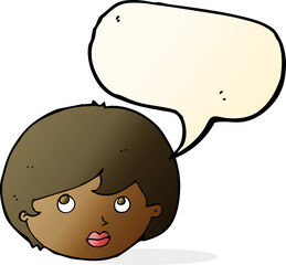 cartoon female face looking upwards with speech bubble