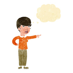 cartoon woman pointing finger of blame with thought bubble