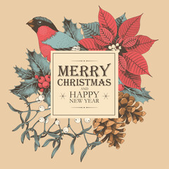 Vector Christmas card with winter flora and bird