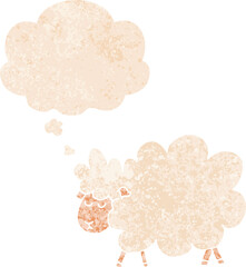 cartoon sheep with thought bubble in grunge distressed retro textured style