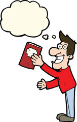 cartoon man with book with thought bubble