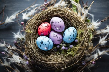 Naklejka na ściany i meble Beautiful decorated Easter eggs in a nest. Spring holiday