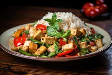 Fresh Thai food stir fry with tofu and white jasmine rice.