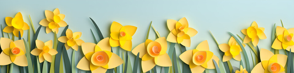 paper cut craft daffodil flowers background banner - obrazy, fototapety, plakaty