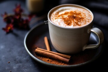 Cappuccino or latte coffee with cinnamon on dark background, A detailed shot of a creamy sweet potato latte garnished with cinnamon, AI Generated