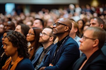 Speaker at Business Conference and Presentation. Audience at the conference hall. Business and Entrepreneurship, A diverse audience listening intently to a keynote address, AI Generated - obrazy, fototapety, plakaty