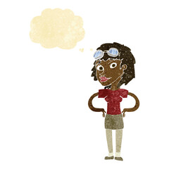 cartoon retro pilot woman with thought bubble