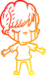 warm gradient line drawing of a cartoon woman crying