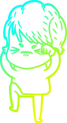cold gradient line drawing of a cartoon frustrated woman