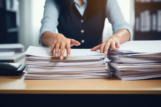 Employee woman hands working in Stacks paper files. ai generated