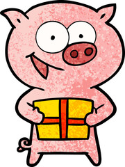 cheerful pig with christmas gift