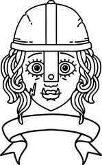 Black and White Tattoo linework Style orc fighter character face with banner