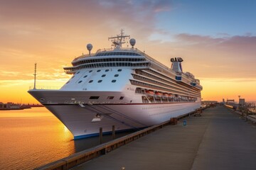 Cruise ship in the sea at sunset. Panoramic view, A large white cruise ship stands near the pier at sunset, AI Generated - obrazy, fototapety, plakaty