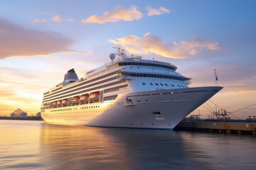 Cruise ship in the port of Odessa, Ukraine at sunset, A large white cruise ship stands near the pier at sunset, AI Generated