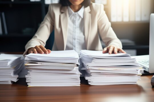 Employee woman hands working in Stacks paper files. ai generated