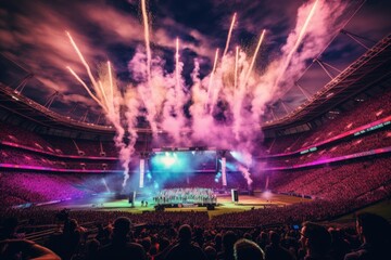 Stage lights and crowd of people in front of a big concert stage, A live event, such as a concert or halftime show, taking place at a sports stadium, AI Generated