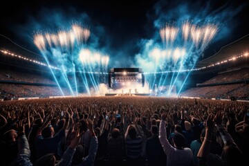Crowd cheering at a live concert in front of a big screen, A live event, such as a concert or halftime show, taking place at a sports stadium, AI Generated