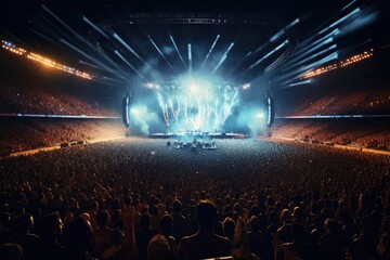 Concert crowd in front of bright stage lights and stage lights, A live event, such as a concert or halftime show, taking place at a sports stadium, AI Generated
