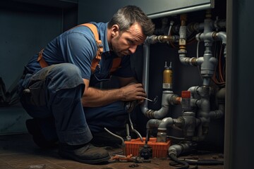 Plumber repairing a heating system. He is using a wrench, A male plumber repairs a pipeline or drain under the sink, AI Generated - obrazy, fototapety, plakaty