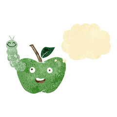 cartoon apple with bug with thought bubble