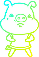 cold gradient line drawing of a cartoon angry pig wearing tee shirt