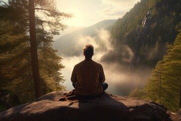 Man meditating in lotus position on a rock in the forest, A man practicing mindfulness and meditation in a peaceful natural environment, AI Generated