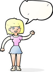 cartoon girl waving with speech bubble