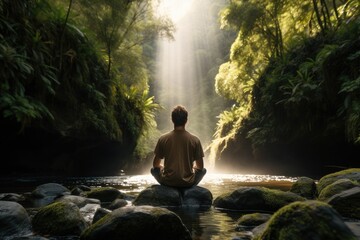 Man meditating in the lotus position on the rock in the forest, A man practicing mindfulness and meditation in a peaceful natural environment, AI Generated
