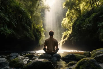 Foto op Canvas Man meditating in the lotus position on the rock in the forest, A man practicing mindfulness and meditation in a peaceful natural environment, AI Generated © Iftikhar alam