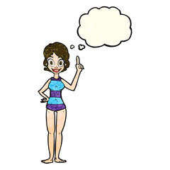 cartoon woman in striped swimsuit with thought bubble