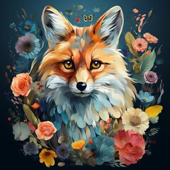 Illustration with a portrait of a fox surrounded by flowers and flora on a dark background, with elements of butterflies and botanical details. Concept: children's character of an animal from the fore