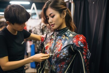 Fototapeta na wymiar Young asian woman fashion designer working with her client in the studio, A model getting ready backstage before the Thailand International Motorcycle Salon at Impact, Thailand, AI Generated