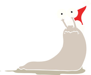 hand drawn flat color illustration of a slug wearing santa hat