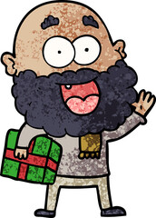 cartoon crazy happy man with beard and gift under arm