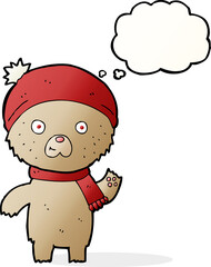 cartoon waving teddy bear with thought bubble