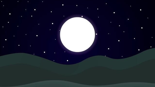 Cartoon animation with night landscape, sky, sea, moon, stars, nature.