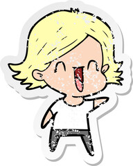 distressed sticker of a cartoon happy woman