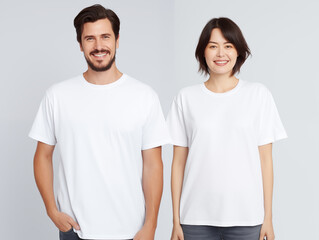 Fototapeta premium A couple boyfriend and girlfriend wearing blank white matching t-shirts mockup for design template