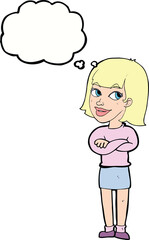 cartoon happy woman looking over with thought bubble
