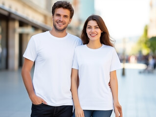 A couple boyfriend and girlfriend wearing blank white matching t-shirts mockup for design template - obrazy, fototapety, plakaty