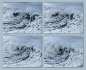 collage of four photos. movement of a large wave as it reaches the shore. Gran Canaria. Canary islands