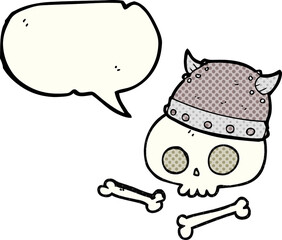 freehand drawn comic book speech bubble cartoon viking helmet on skull