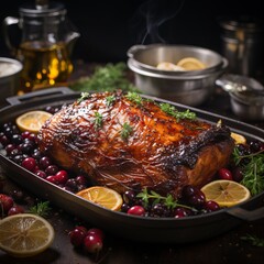 Roast duck on a tray, garnished with fresh herbs, cranberries and lemon wedges, steaming on a dark background. Festive feast for the company. Delicious and fatty food
 - obrazy, fototapety, plakaty