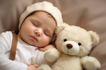 Cute little baby sleeping with teddy bear on bed at home, A newborn baby sleeping with a teddy bear on a comfy white bed, AI Generated