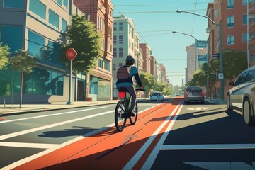 Cyclist riding on the road in the city. 3d rendering, A person zipping through a dedicated bike lane on a stylish electric bicycle, AI Generated